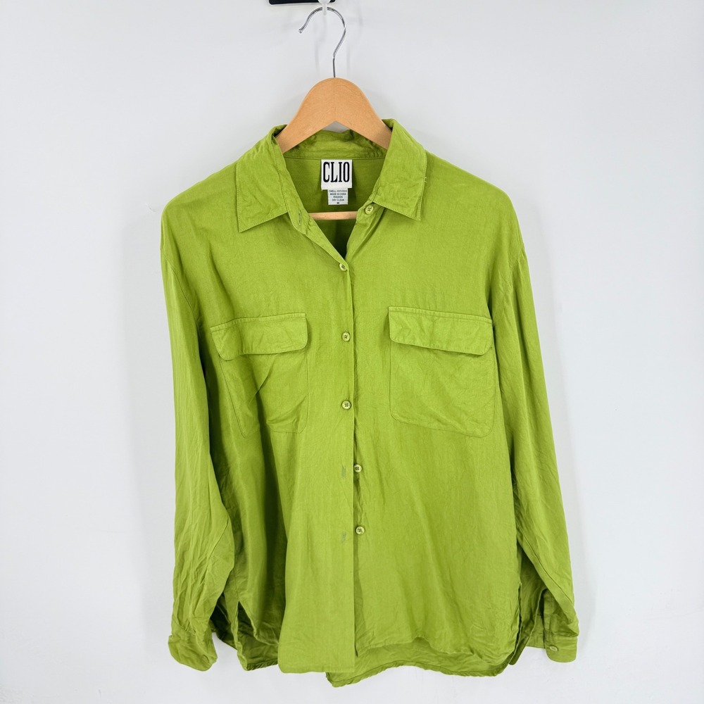 Vintage Clio 100% Silk Chartreuse Button Down Shirt Medium Utility Vibrant